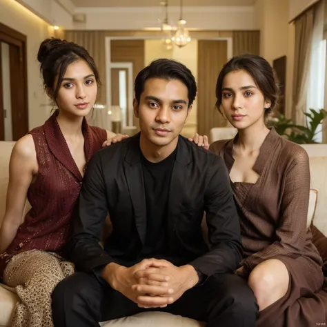 Create a friendly close up photo style, white skin, clean face 31-year-old Indonesian MEN wearing casual clothes, One 18 -year-old pakistani full naked cute girl wearing hijab, nude, full nude, naked, skinny, 20-year-old pakistani full naked cute girl, wea...