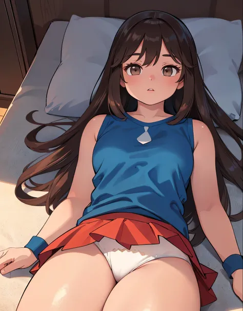 A sleeping girl on a cloud, lying down, full body, 1trainerleaf1, sleeveless shirt, black wristbands, visible thighs,thick thighs,red skirt,blue shirt, brown eyes, pantyshot, white panties, beautiful detailed eyes, beautiful detailed lips, extremely detail...