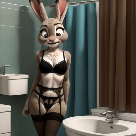 2 girls, judy hopps, young, bathroom,  surprised, embarrassed, blush, black bra, string panties, stockings, garter belt, 