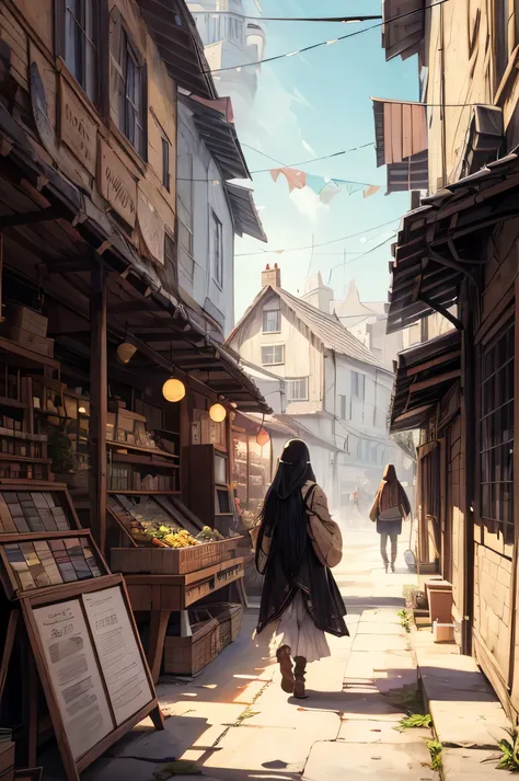 ((best quality)), ((masterpiece)), (detailed), fantasy worlds, The beginning of the adventure, village market, bard, back, Walk down the street, black long straight hair, 1 woman