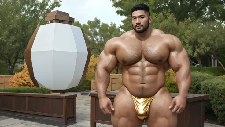 A handsome Asian actor，30 years old，Tall and handsome, Toned body，short hair, O-Shaped Beard，Perfect body, Dark and shiny skin，Smooth skin，The body is hairless，Muscle bulge, Muscular, Very large pectoral muscles，Very sexy abdominal muscles，Very well-develo...