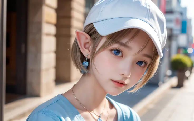 Portrait of a blonde girl in a white hat and a blue shirt , earrings, necklace , extra short hair, sidelocks-hair、Pointy ears like an elf、Upper Body.16 years old、The color of her eyes is a clear light blue、Street Snap、evening