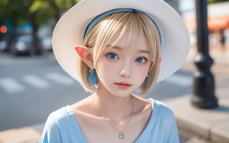 Portrait of a blonde girl in a white hat and a blue shirt , earrings, necklace , extra short hair, sidelocks-hair、Pointy ears like an elf、Upper Body.16 years old、The color of her eyes is a clear light blue、Street Snap、evening