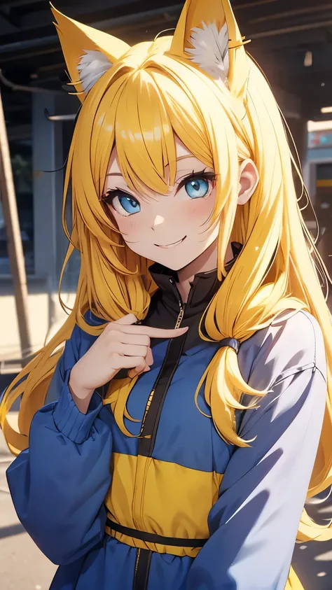 Anime cat girl with yellow ears, yellow hair, blue eyes, smiling casually.