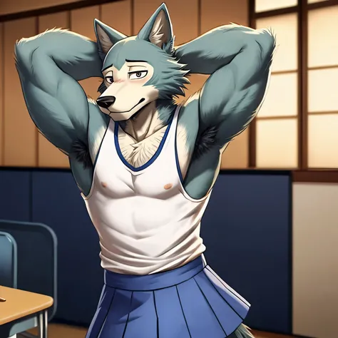 Male, wolf, legoshi, beastars, shy expression, masculine, raised arm, showing armpit, hairy armpit, Japanese , school outfit, white sleeveless shirt, small blue skirt 