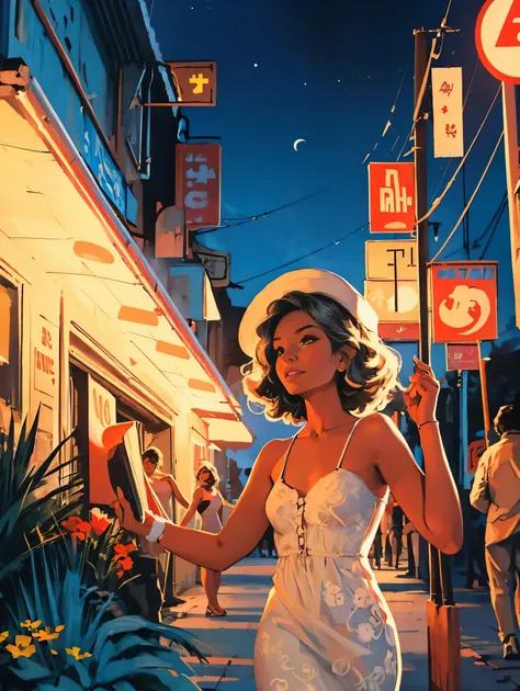 old retro poster, USSR,  Caribbean seaside,((at night)). Neon, photo shoot, 1 ultra hot gorgeous woman. Age 23. Happy. short white wavy hair, expressive breasts, in a white sundress with a pattern of flowers on fabric, fashionista, 80s, hd