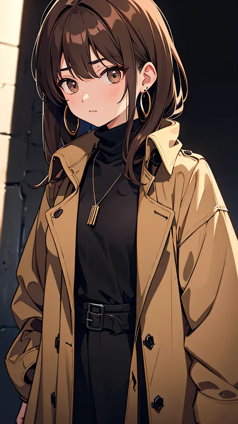 Korean adult woman, medium-length brown hair, grunge, ominous, dark aesthetic, black turtleneck, tan trench coat, necklaces, hoop earrings, 30-year-old, neutral expression, calm, expressionless