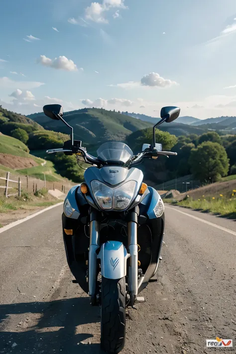 
- **bottom:**
  - A vibrant summer landscape stretches before us, with a clear blue sky dotted with soft white clouds. In the distance, green hills and golden fields shine in the warm sunlight.

- **foreground:**
  - In the center of the scene, The Suzuki...