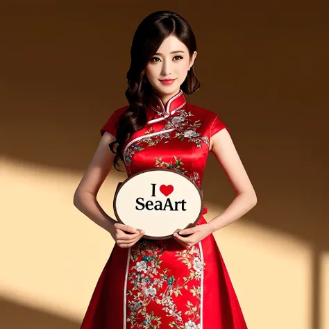 a beautiful detailed asian girl in a beautiful red cheongsam dress, intricate floral patterns, elegant pose, holding a board on which "I love SeaArt" is written, serene expression, natural lighting, dramatic shadows, warm color palette, delicate fabric tex...