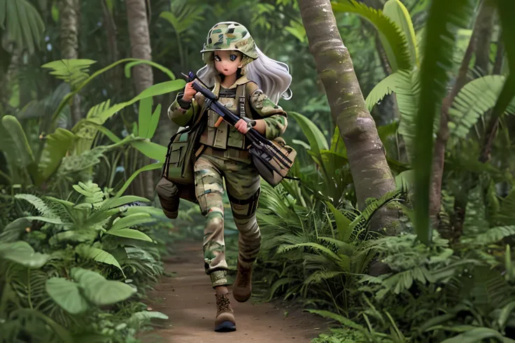 High resolution,high quality,Perfect body,Perfect Face,Perfect Fingers,Beautiful Skin,One girl,In the jungle,(歩いている),Girl in camouflage,Wearing camouflage clothing,Girl wearing camouflage helmet,(Shortcuts),(Silver Hair),(アサルトライフル),(アサルトライフルを持つ),full body,...