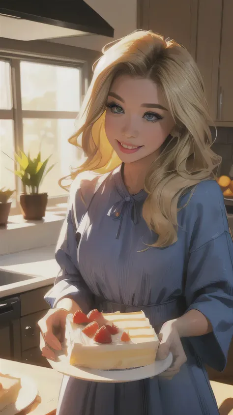 Delicate and beautiful CG art),(highest quality, Very detailed, High resolution),(Dynamic Angle, Dynamic Lighting),(One character),(Long blonde hair), purple eyes, Beautiful Face), 1 girl, (Long sideburns, plant, smile, long blue dress, kitchen, cooking, c...