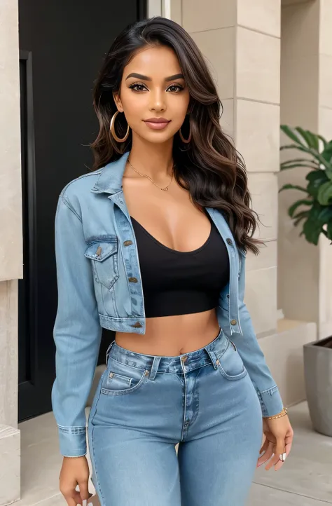 "Create an image of a modern, attractive female influencer of Indian descent, aged between 27 to 30. She should have a warm and inviting smile, expressive almond-shaped eyes, and clear, glowing skin with a medium brown complexion. Her hair should be long, ...