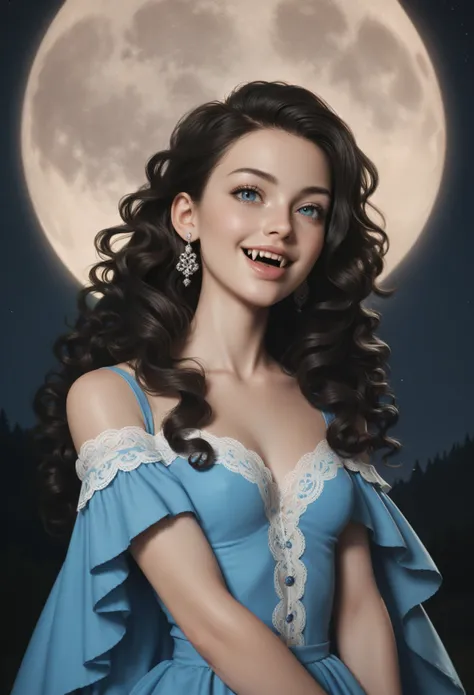 score_9, score_8_up, score_7_up, score_6_up, rating: safe, 1girl, solo, (black_hair:1.5), wavy_hair, jewelry, dress, blue_eyes, earrings, (long_hair:1.5), looking_at_viewer, curly_hair, upper_body, lips, lace, blue_dress, (night:1.3), cxqz8r, medieval_dres...