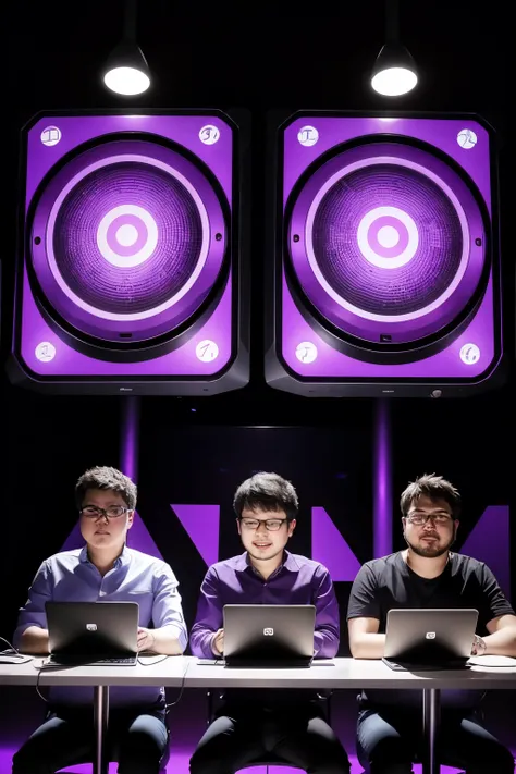 realistic image of technology developers team with purple background