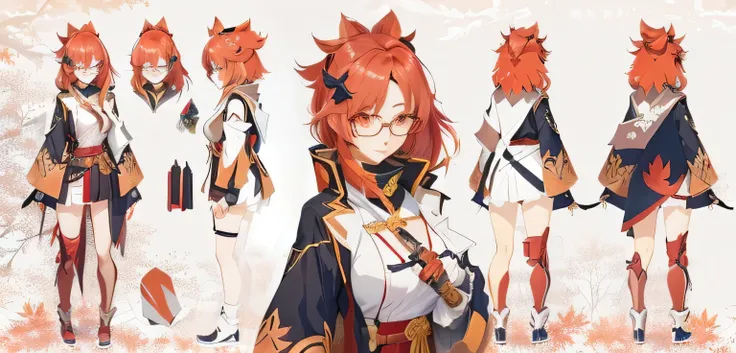 Female assassin with knife，Q version simple painting，assassin，front and back and side，Animation character design of a woman with red hair and glasses, Ayaka Genshin impact, 🍁 Lovely, Ayaka game Genshin impact, Anime cute art style, 🍂 Lovely, Detailed anime...