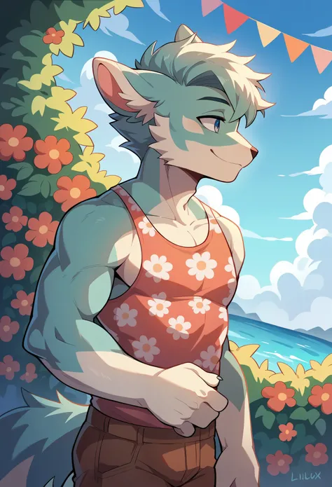 top quality, highres, High-quality illustrations, unparalleled masterpiece(movie of life)farm, Blue sky, clouds, florals Beautiful garden(furry anthro, solo, boy, casual fashion, Relux pose, Smile)absurdres, perfect anatomy, anime style, dynamic angle,