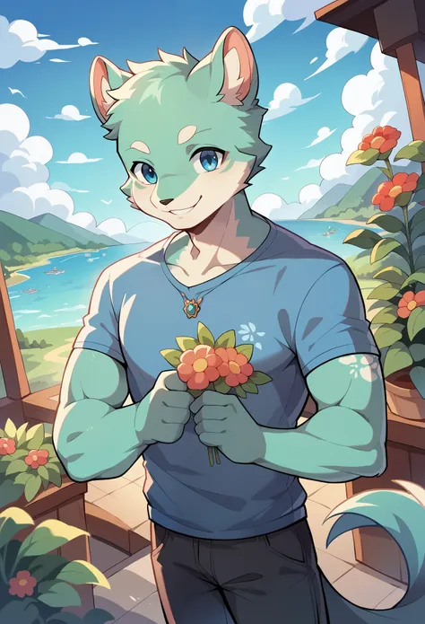 top quality, highres, High-quality illustrations, unparalleled masterpiece(movie of life)farm, Blue sky, clouds, florals Beautiful garden(furry anthro, solo, boy, casual fashion, Relux pose, Smile)absurdres, perfect anatomy, anime style, dynamic angle,