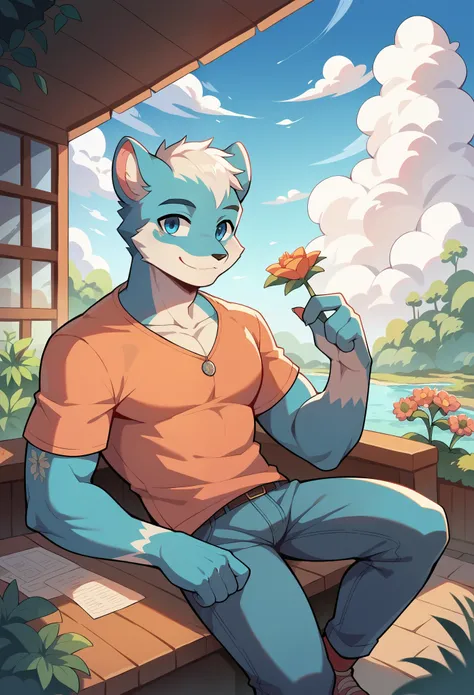 top quality, highres, High-quality illustrations, unparalleled masterpiece(movie of life)farm, Blue sky, clouds, florals Beautiful garden(furry anthro, solo, boy, casual fashion, Relux pose, Smile)absurdres, perfect anatomy, anime style, dynamic angle,