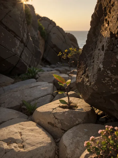 A minimalistic nature scene featuring a small, sturdy plant growing through a crack in a rocky surface, bathed in the warm, golden light of the setting sun. The background consists of a softly blurred horizon with shades of orange and pink, highlighting th...