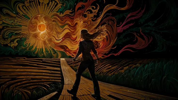 painting of a woman walking on a path with a sun in the background, estilo and mumford e alex gray, walking out of flames, in the style dan mumford artwork, James R. ears, standing in a whirlpool, painting by dan mumford, in the artistic style of Dan Mumfo...