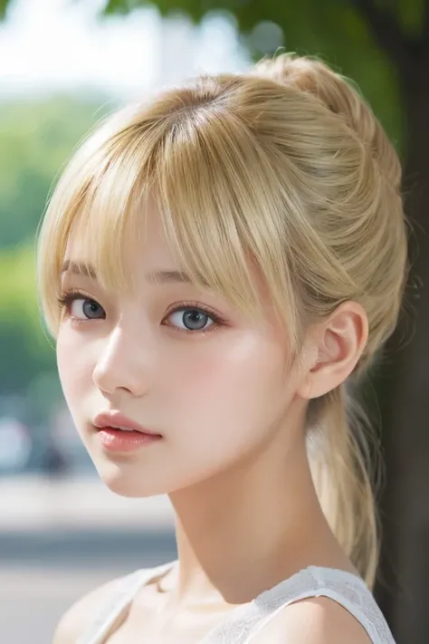 high resolution、(((1 Beautiful Girl、Blonde)))、(detailed)、 bangs、ponytail、((Perfect Face,Japanese))、Real Texture Skin、Natural Makeup:1.2、Early summer park