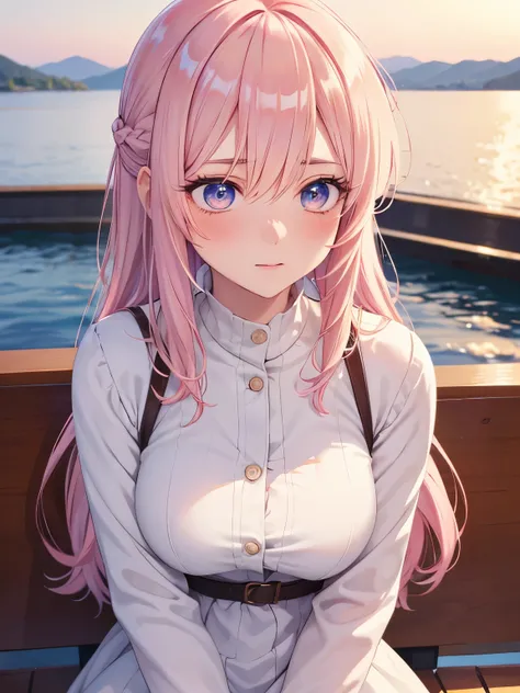 1woman,Sit on a boat,on the lake, looking away,blush, looking away,Hands covering face,,Beautiful makeup, long eyelashes,early in the morning,stunning,half body photo, very detailed face,cute,,HD face, perfect face,Short white dress, pink cardigan,very big...