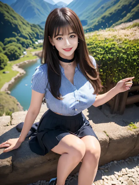 ((Highest quality, 8K, Representative works in detail, Ultra-high resolution)), (Looking at the audience), Attractive woman, ((Big Breasts)),  smile, ((Black Choker)), Slim figure, (blue eyes), Long eyelashes, bangs, Beautiful shiny brown hair, Nogizaka id...