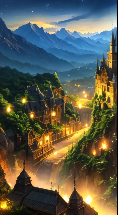 anime village with a mountain in the background, medeival fantasy town, mountain fortress city, fantasy town setting, detailed fantasy digital art, a bustling magical town, detailed digital concept art, cliffside town, 4k highly detailed digital art, fanta...