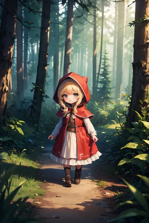 Girl, Little Red Riding Hood, in the forest, walk, dark, Chibi Character, masterpiece, high quality, best quality, beautiful, HD, perfect lighting, masterpiece, best quality, intricate details, 8k uHD