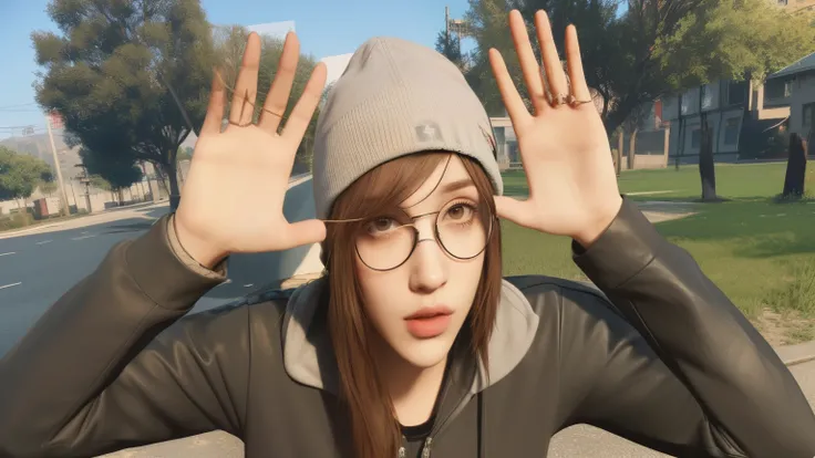 There is a woman wearing glasses and a hat as she poses for a photo, Retrato de Max Caulfield, as a character from gtav, gta character v, with black hat on his head, gta character, wearing a beanie, heavy gesture style closeup, GTA5 style, chloe price from...