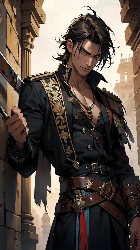 A Portuguese pirate captain, with disheveled hair and close-up eyes, displays an imposing posture. He has a sword at his waist and an ancient musket rests on his back.. An intelligent crow is perched on your shoulder, carefully observing the surroundings. ...