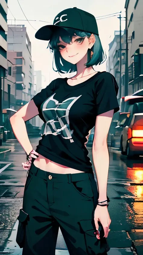 super resolution,
(realistic:1.3),
(1 slim girl), stylish girl, fashion,
young face, blush, (evil smile),
(slim) thigh,
baseball cap, earrings,
(black t-shirt), (baggy cargo pants),
gravure,
Rainy streets
ネックレス、ピアス