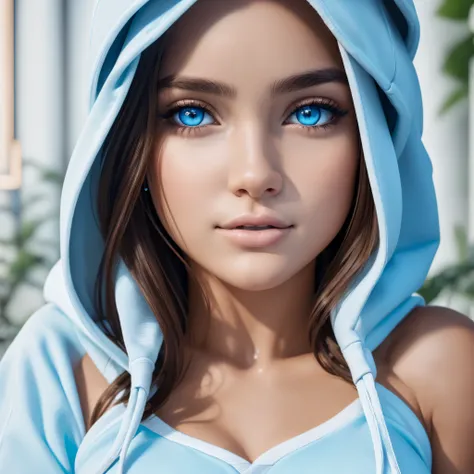 (Ultra Real), (Illustration), (High Resolution), (8K), (Very Detailed), (Best Illustration), (Beautiful Detailed Eyes), Brazilian girl wearing hoodie open white, 22 years old, showing baby blue strapless T-shirt, (big breasts:0.7)