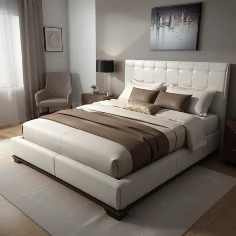 arafed bed with a white headboard and a brown blanket, high quality 3d render, high quality 3 d render, high quality rendering, white soft leather model, high quality render, elegant render, rendered in vray, highly detailed render, white bed, studio quali...