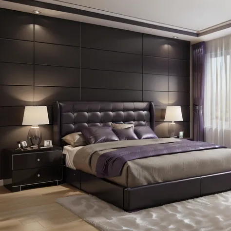 arafed bedroom with a bed, nightstands, and a night stand, dark bedroom, high quality rendering, elegant render, bed room, purple leather dungeon bedroom, rendered in vray, with photorealistic lighting, high quality 3 d render, high quality 3d render, luxu...