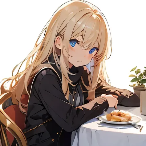 (dessus de la table:1.2, meilleure qualité),  [fille, Manteau, expressif, , fille with long blonde hair,les yeux rouges, blonde anime fille with long hair ,La veste blanche s&#39;enlève, Haut du corps] Fond blanc gris、,