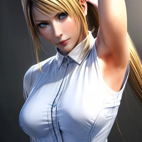 Sarah, very long hair, (white shirt:1.6), (both arms up:1.3), ((medium breasts:1.3)), high ponytail, (armpits exposed:1.6), (wide face:1.6), BREAK masterpiece, 1 girl, RAW photo, (best quality:1.2), extremely delicate beautiful, very detailed, 2k wallpaper...