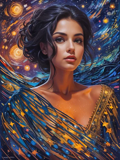 An ultra hot gorgeous European woman. Age 23. high quality, highly detailed, illustration, impasto, canvas, oil painting, fantasy, ((night time. Starry night)).