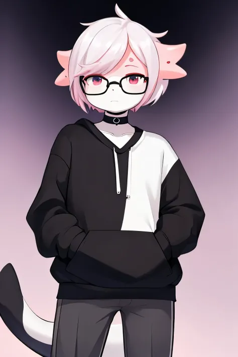 an axolotl, but with the color palette of an orca and very feminine and with hair (offwhite) short if possible make his tail appear in the background of the image with the tail of an orca. His clothes will be a basic black sweatshirt open with a simple whi...