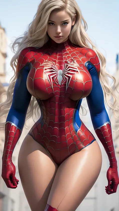 Sexy Cosplay Spider-Man Woman Big Breasts Thick Thighs Wearing Spider-Man Uniform Showing Big Ass Blonde  