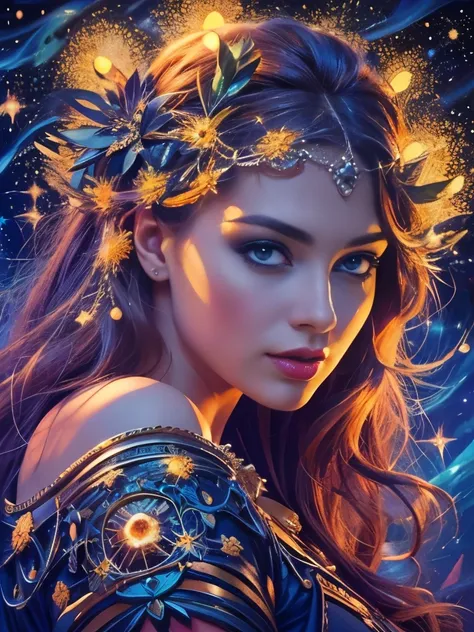 An ultra hot gorgeous European woman. Age 23. Goddess. high quality, highly detailed, illustration, impasto, canvas, oil painting, fantasy, ((night time. Starry night)).