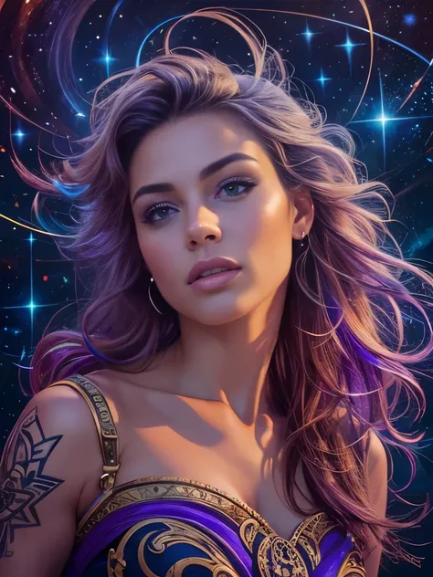 Full medium shot. An ultra hot gorgeous European woman. Age 23. Goddess. high quality, highly detailed, illustration, impasto, canvas, oil painting, fantasy, ((night time. Starry sky)).