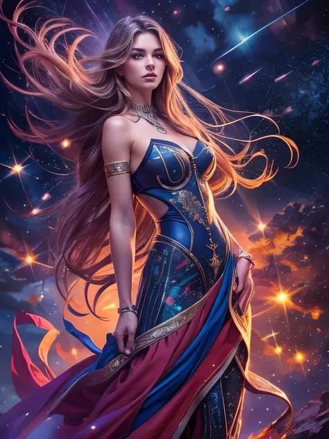 Full medium shot. An ultra hot gorgeous European woman. Age 23. Goddess. high quality, highly detailed, illustration, impasto, canvas, oil painting, fantasy, ((night time. Starry sky)).