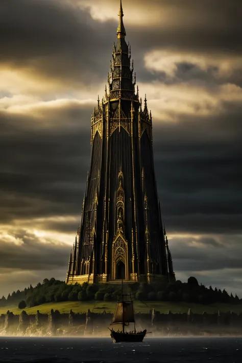 ((Best quality)), ((masterpiece)), (detailed), fantasy setting, the tallest elven tower to the sky made of black metal with a golden pattern on the island, dark clouds