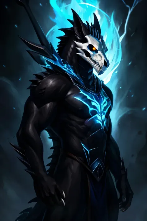 full body shot of male humanoid dark wolf that is mostly covered with dark fur, coal-black scales and plates, red energy sometimes glowing from between the cracks. However, his head, spine and clavicles appear to be made from exposed bone, resulting in the...