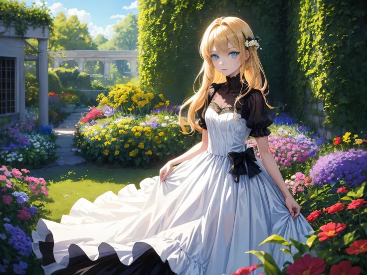 (1 woman,golden hair,blue eyes,Dress,beautiful),(1Men,golden hair,blue eyes,Black tone set)(background : flower,garden,แสงbeautiful,fine,Anime,detailed)