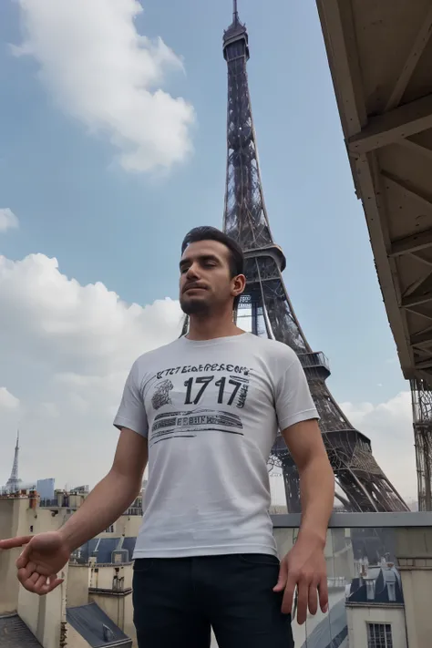 A man showing a t-shirt (dans ses mains) towards the sky on which the sequence of numbers is marked "717" with a crown next to "717". This man is on a Parisian roof (without barrier or edge) very close to the Eiffeil Tower.