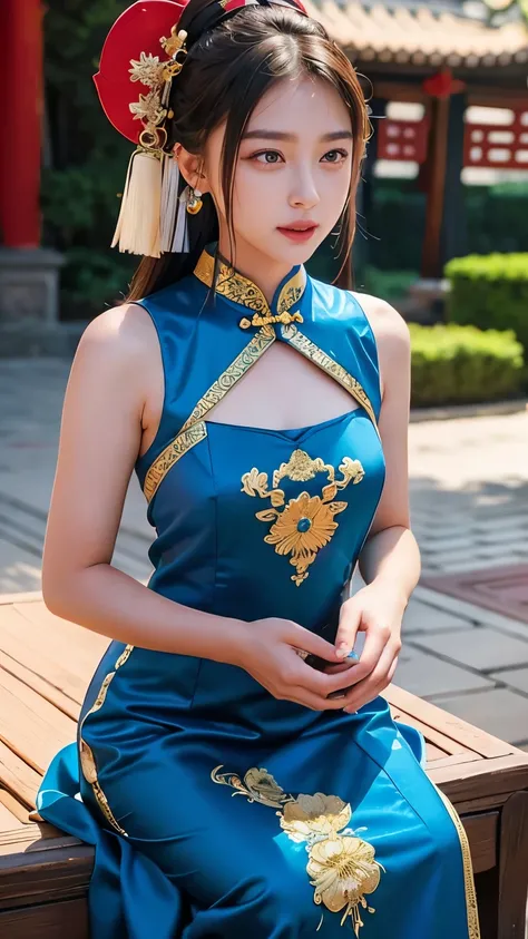 Using the trigger word、Generate an image of a young female model wearing a traditional Chinese dress。She has a charming aura that evokes Chinese culture and aesthetics.、Her hairstyle is「chinese buns(Chinese bun hairstyle)」It has become。The dress she wears、...