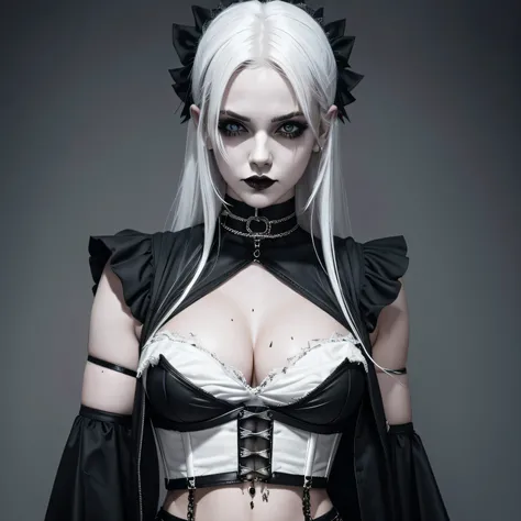 goth girl, white hair, heavy goth makeup, portrait, dark, cropped corset top, choker, armpit, sweaty skin, navel, deep navel,