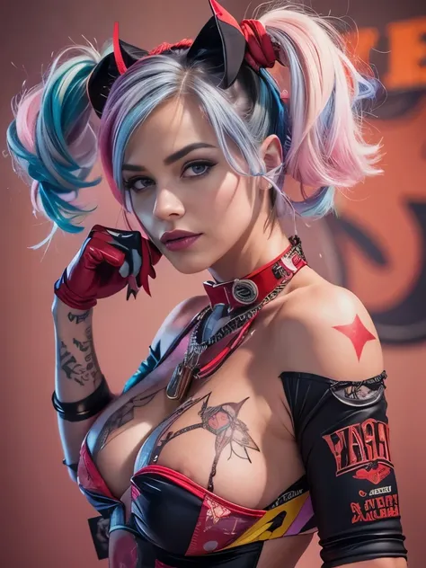 (best quality,4k,highres,masterpiece:1.2),ultra-detailed,realistic:1.37,full body shot,one photorealistic Harley Quinn, pose from various angle, vibrant colors, sharp focus, dynamic lighting, detailed outfit, makeup, provocative expression, intricate tatto...